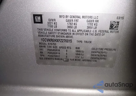 2015 Chevrolet Silverado 1500 1Lt из США, поврежденный, VIN 1GCVKREHXFZ276015